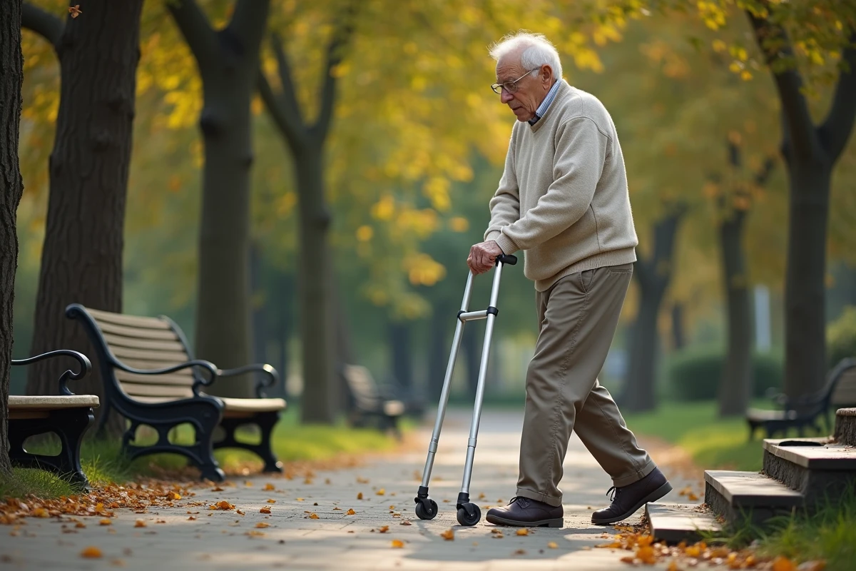 Homme âgé utilisant une aide à la marche dans un parc