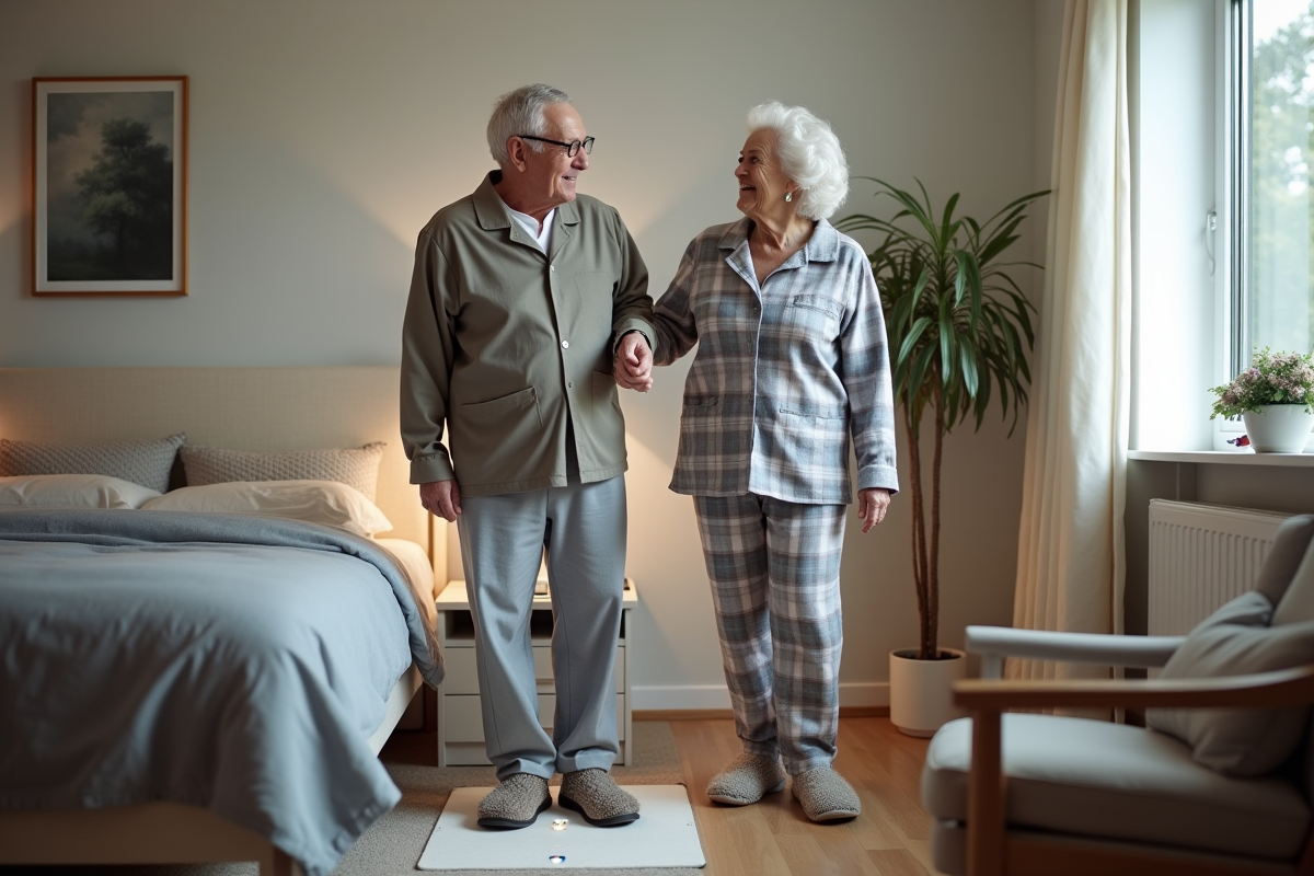 Homme âgé avec alarme de sol et aidant dans une chambre moderne