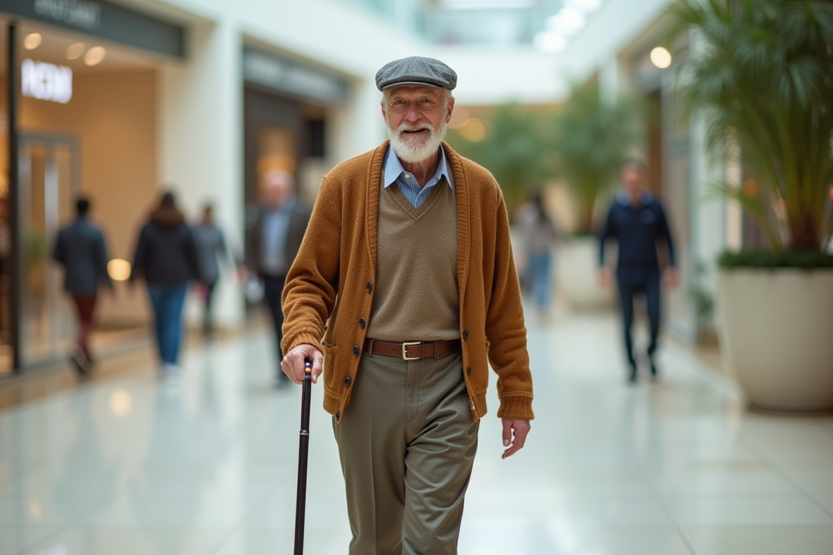 Homme de 90 ans se promene dans un centre commercial