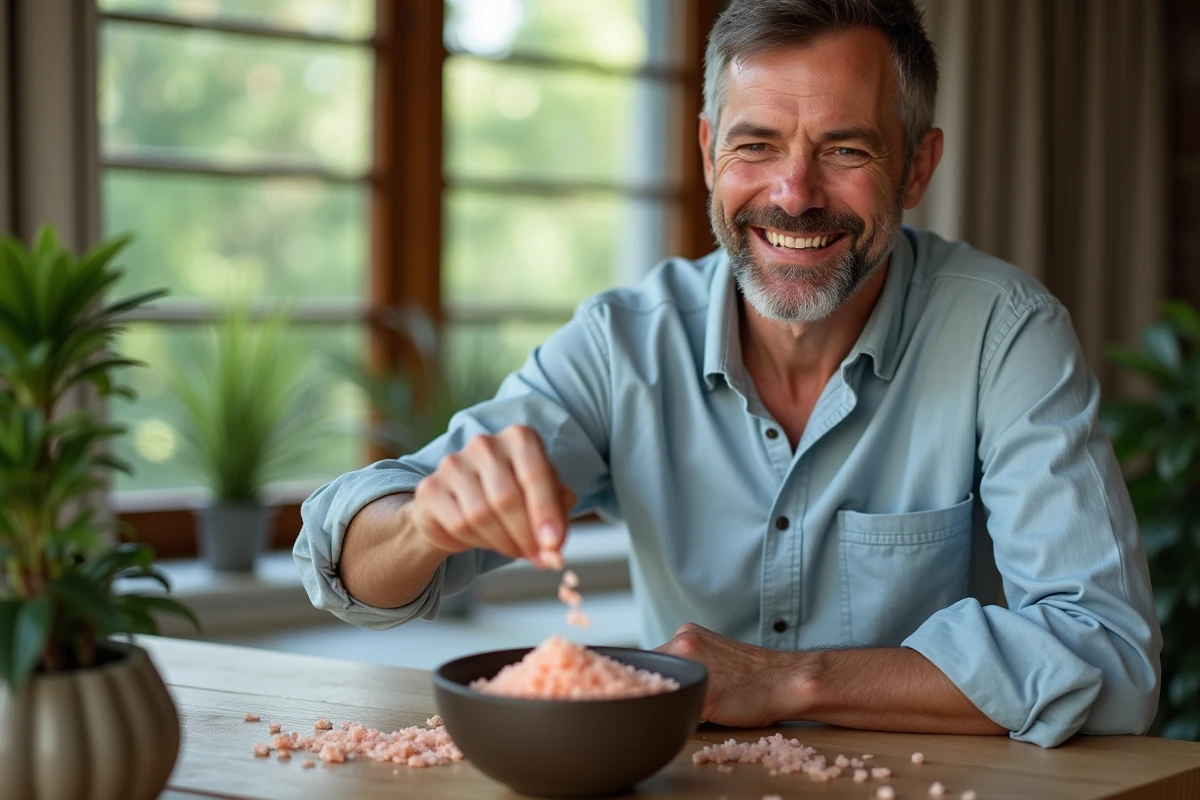 Homme saupoudrant du sel rose Himalaya dans un spa maison