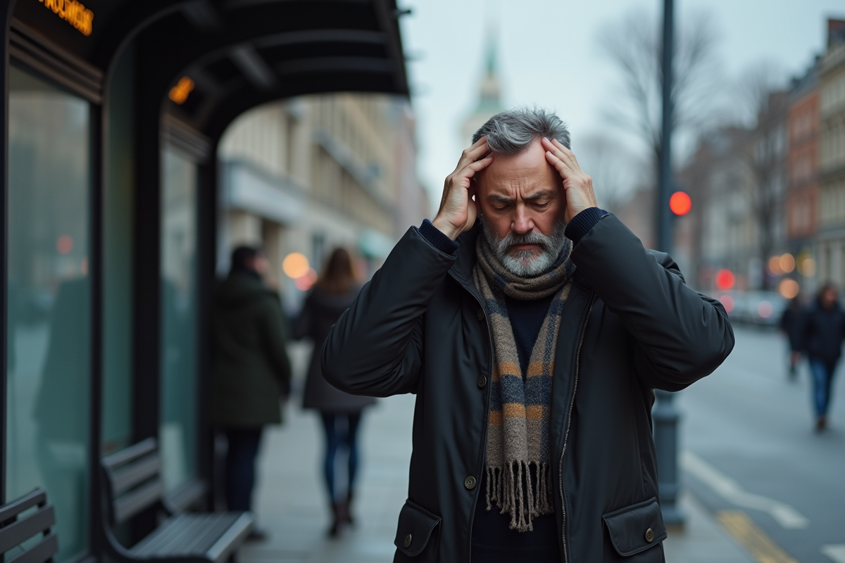 Homme stressé au arrêt de bus en milieu urbain