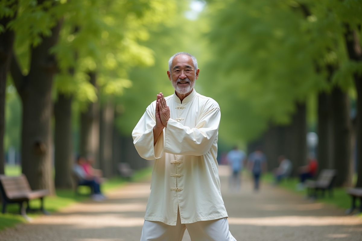 Homme âgé pratiquant le tai chi dans un parc verdoyant