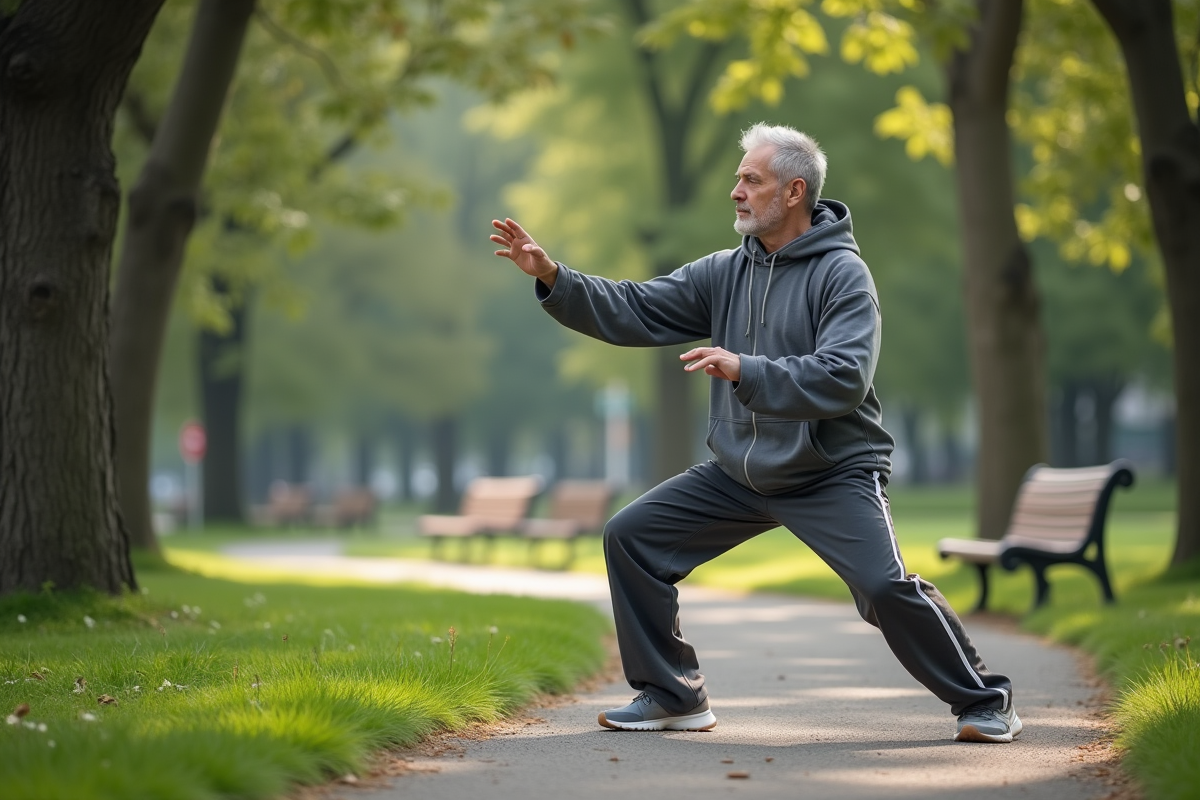 Homme en tai chi dans un parc calme au petit matin