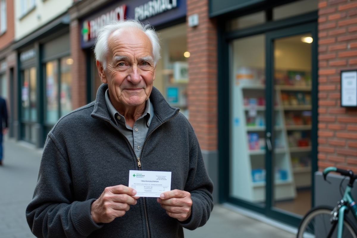 Homme âgé avec carte de vaccination devant une pharmacie
