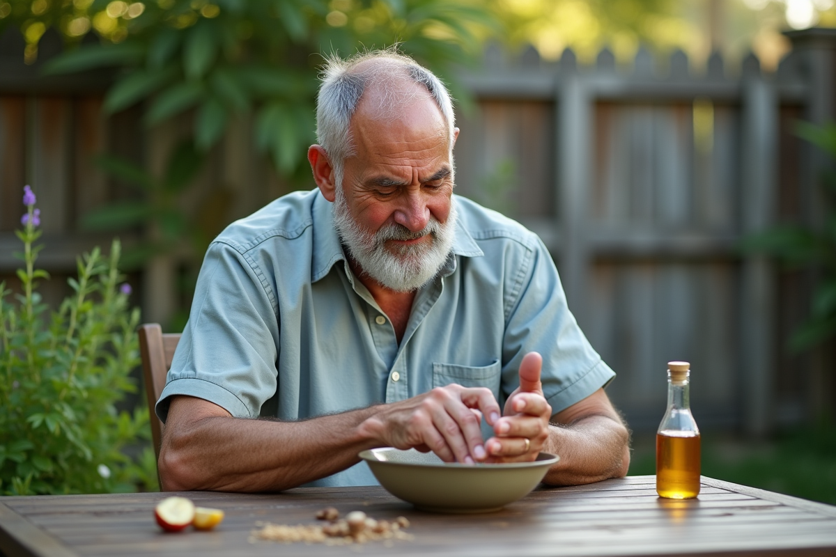 Homme âgé trempant ses mains dans un bol de vinaigre