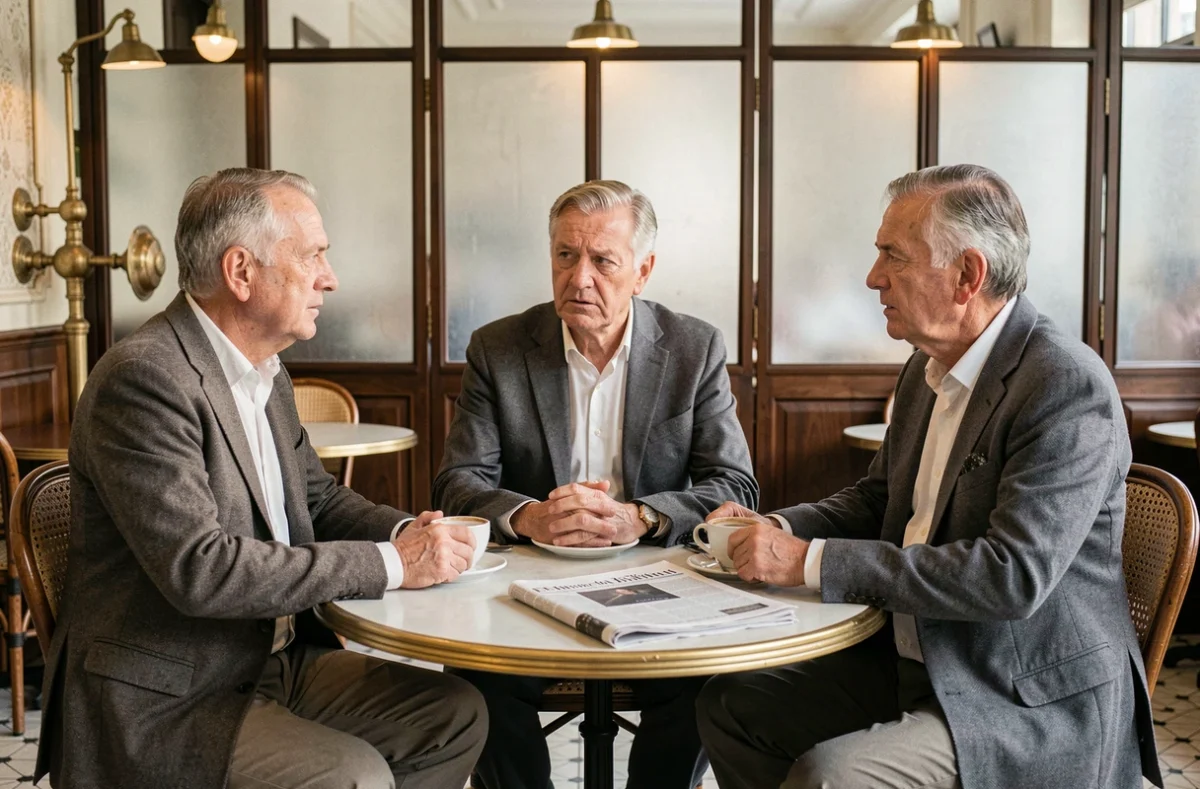 Trois hommes âgés en conversation sérieuse autour d'une table de café parisien, atmosphère de préoccupation