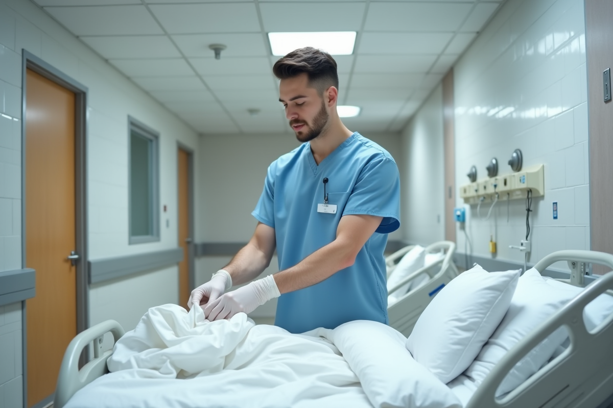Infirmier en blouse blanche pliant des draps dans un hôpital