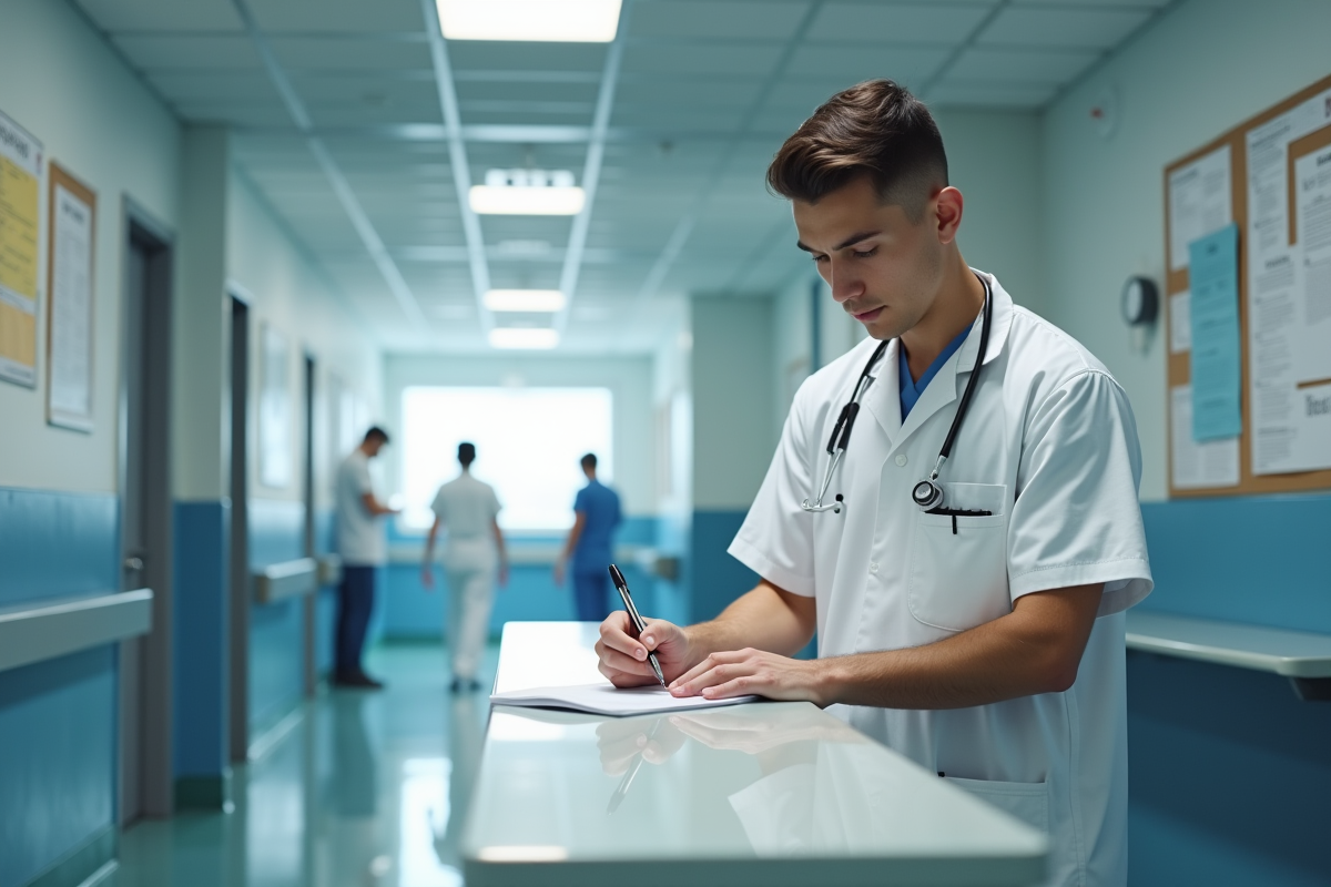 Jeune infirmier écrivant sur un dossier dans un couloir d