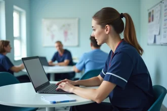 Infirmière en formation e-learning dans une salle de formation hospitalière, concentrée sur un module de soins en ligne