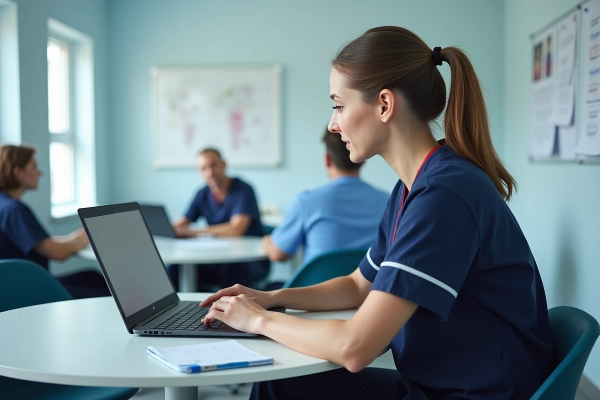 Infirmière en formation e-learning dans une salle de formation hospitalière, concentrée sur un module de soins en ligne