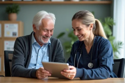 Infirmière en blouse navy partage un sourire avec un senior