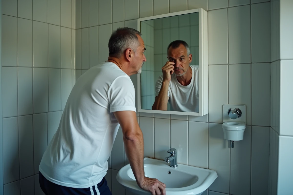 Homme d'âge mûr examinant ses yeux dans un miroir de salle de bain, recherchant une jaunisse liée à un problème de foie