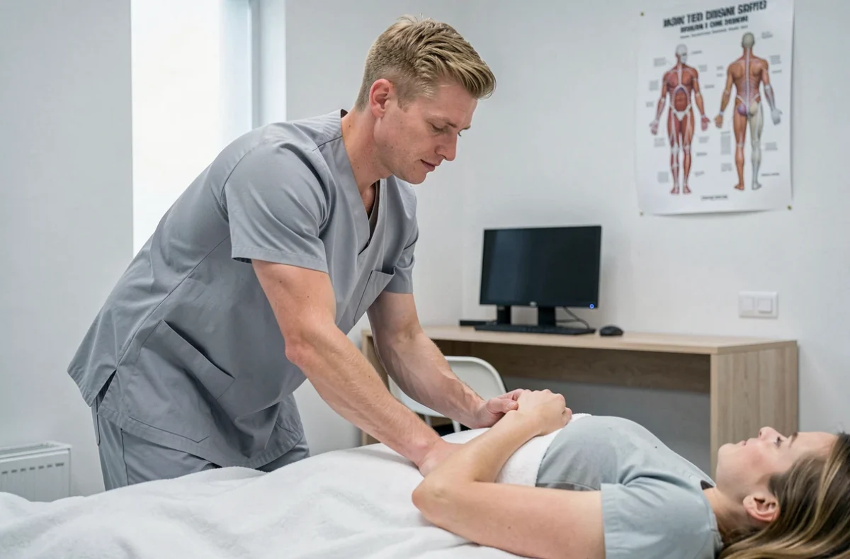 Jérémy Quérou, ostéopathe dans les Deux-Sèvres, réalisant une technique myofasciale sur un patient