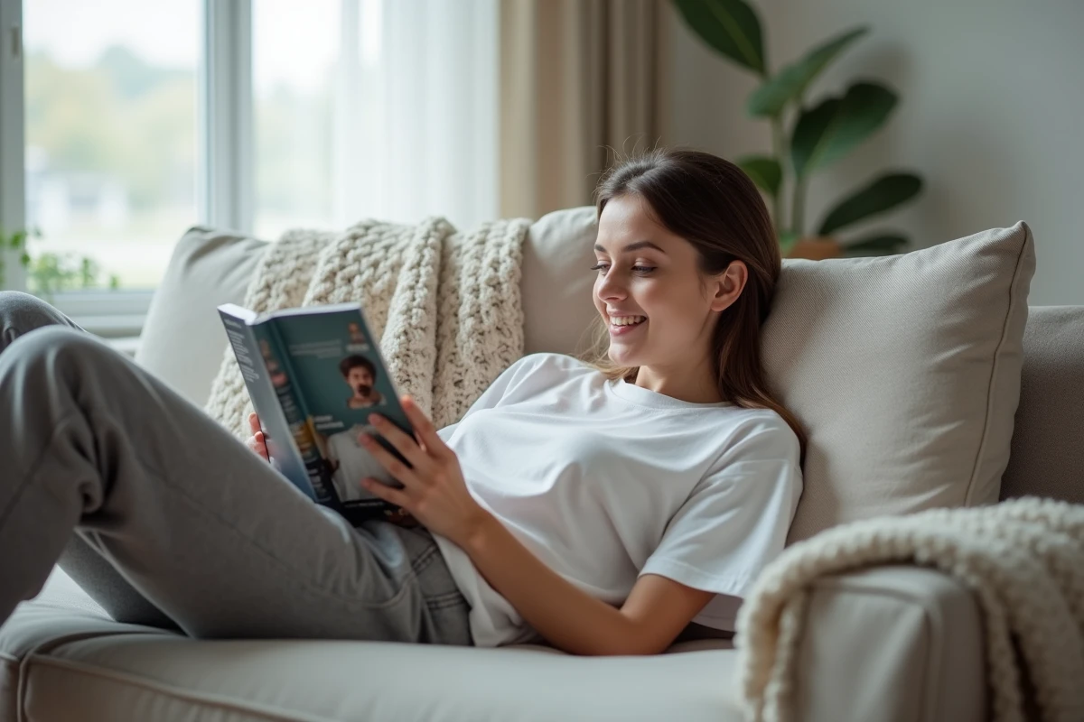 Jeune femme détendue sur un canapé consultant le blog du magazine Garan Cedore sur son smartphone