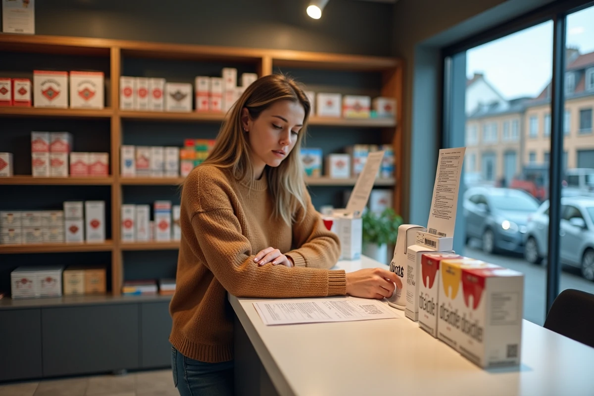 Jeune femme arrangeant des paquets de cigarettes en magasin
