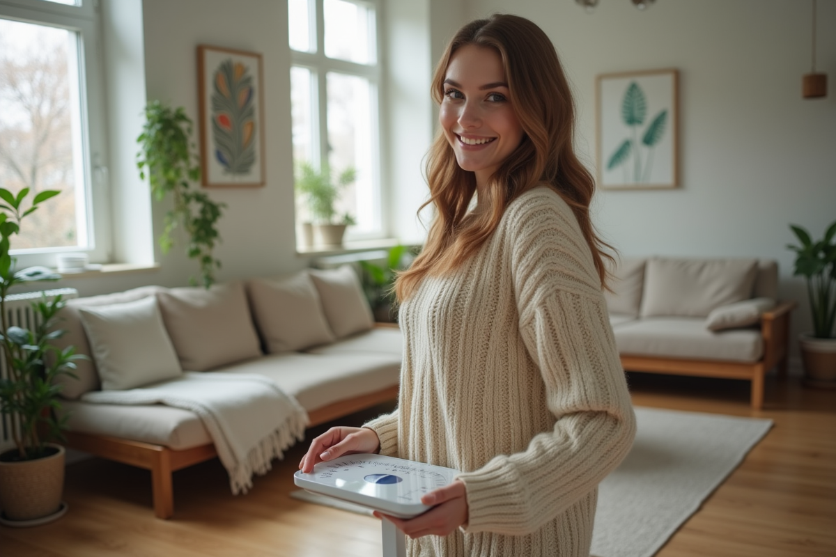 Jeune femme se pesant dans un salon moderne