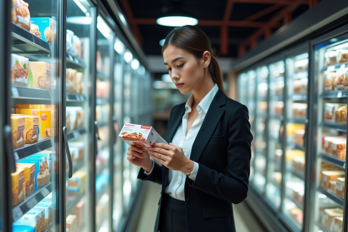 Jeune femme en tenue de travail examinant un plat surgelé en supermarche