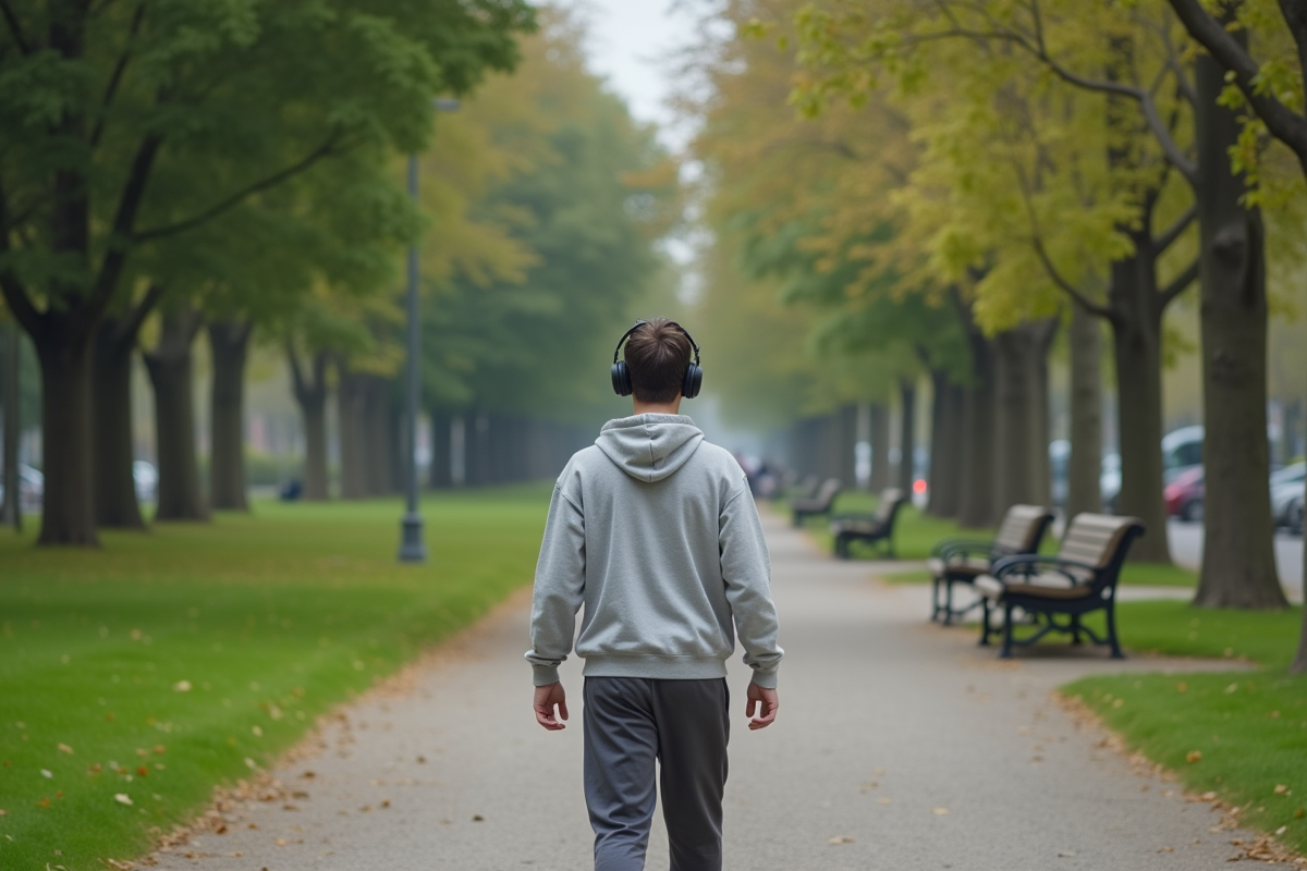 Jeune homme marchant dans un parc urbain en écoutant de la musique