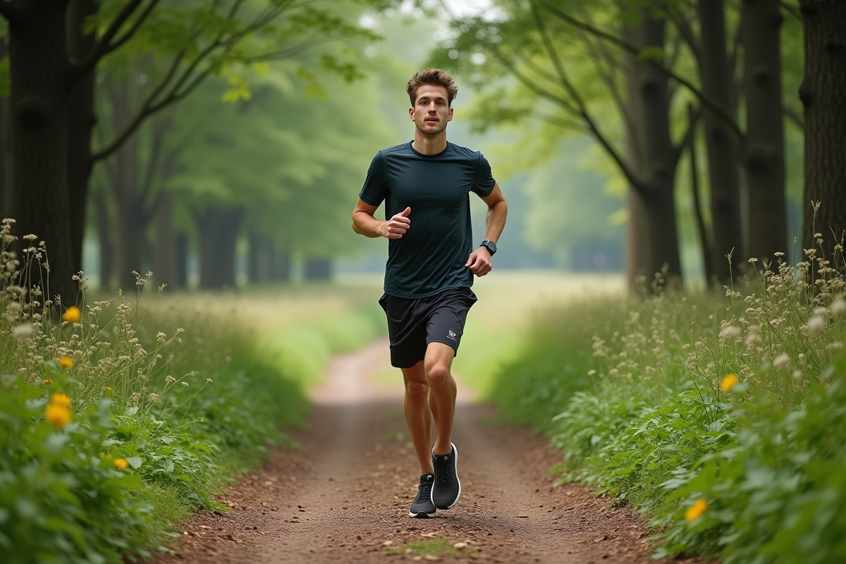 Jeune homme courant dans la forêt au petit matin