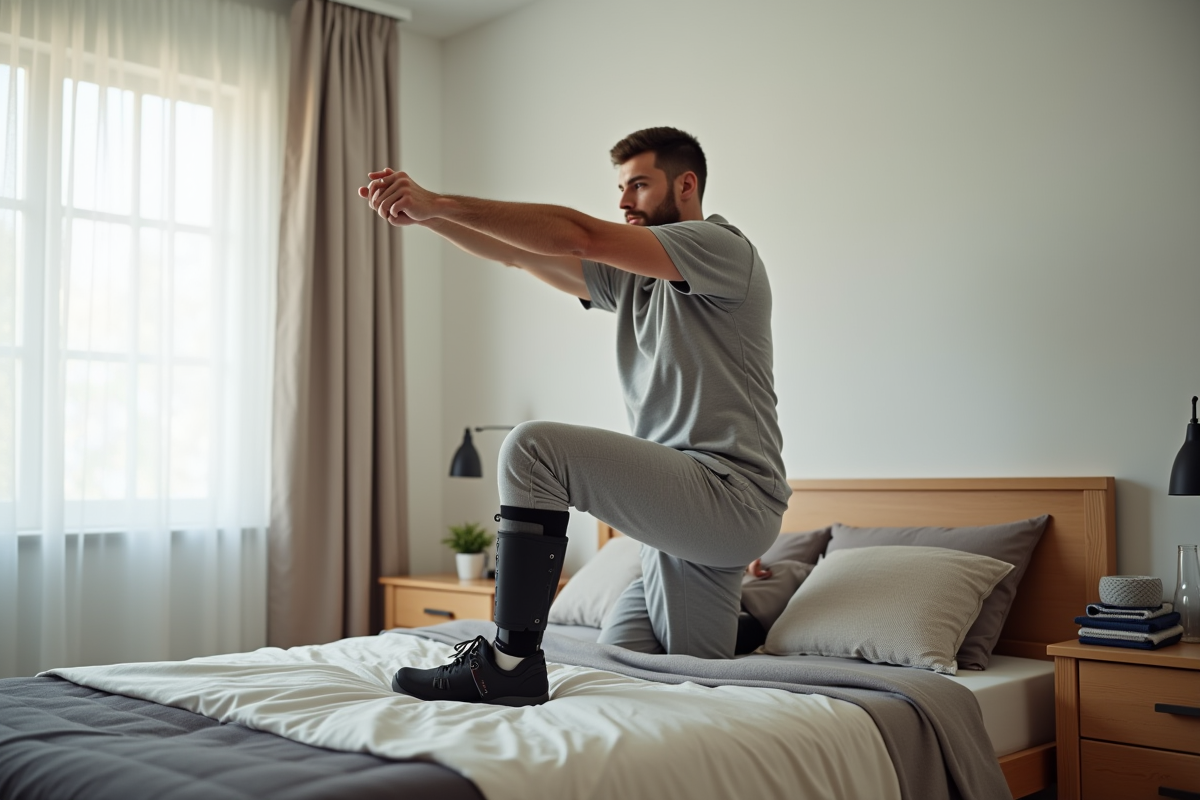Jeune homme en brace faisant des étirements dans la chambre