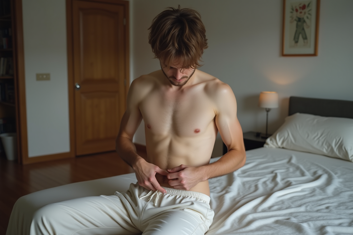 Jeune homme regardant une irritation sur le côté dans la chambre