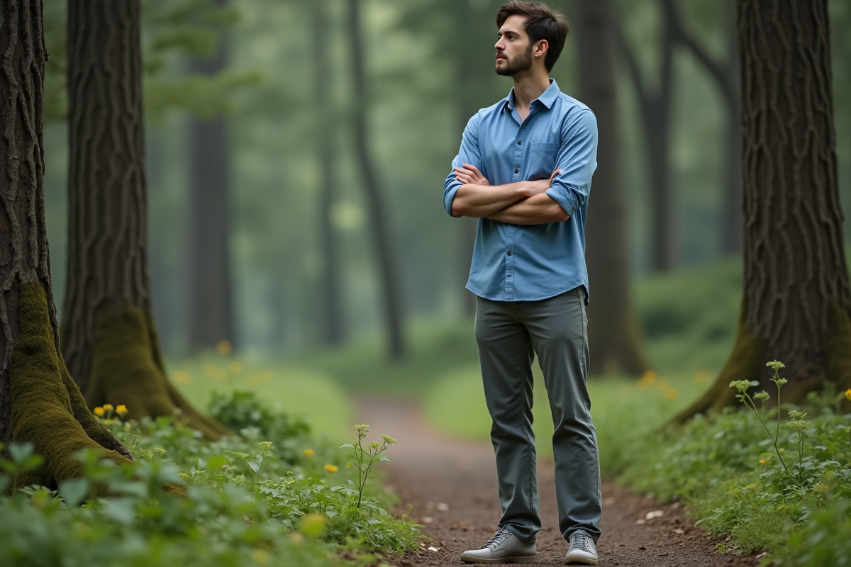 Jeune homme contemplant la forêt lors d