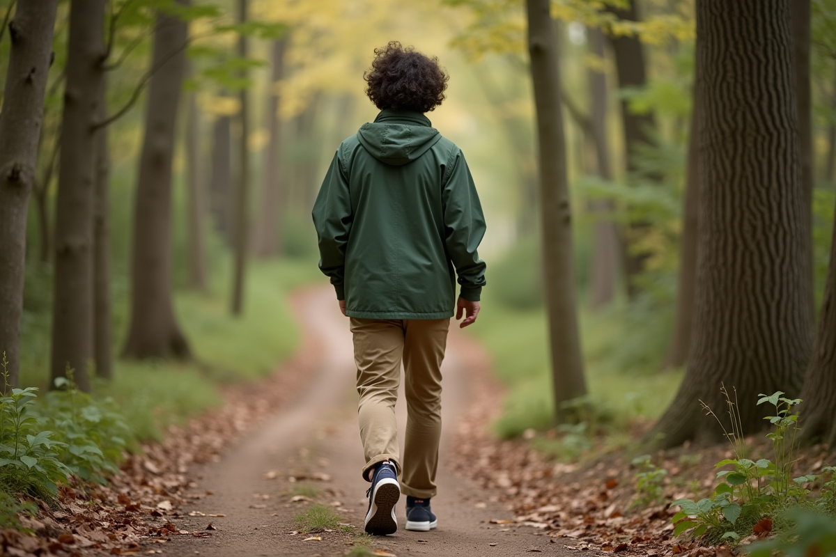 Jeune homme marche en forêt avec sac à dos
