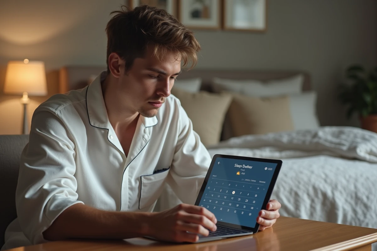 Jeune homme en pyjama utilisant une tablette pour son sommeil