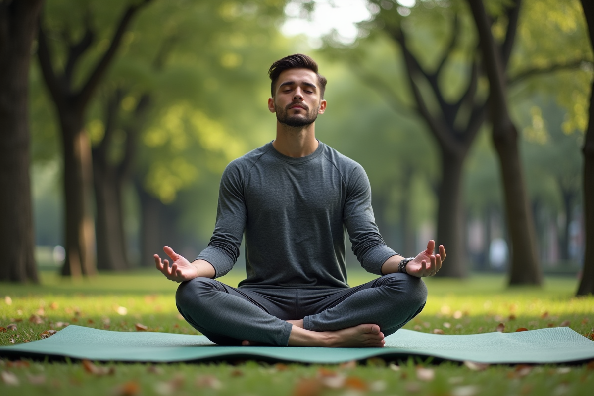 Jeune homme pratiquant le yoga dans un parc urbain calme