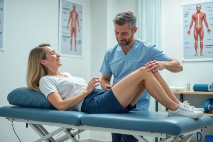 Kinésithérapeute effectuant un massage thérapeutique du tendon de la patte d'oie sur le genou d'une patiente en cabinet de rééducation