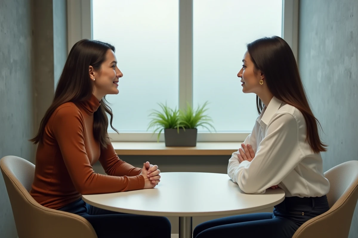 Deux collègues féminines en réunion, l'une posant une limite assertive face à une interlocutrice envahissante