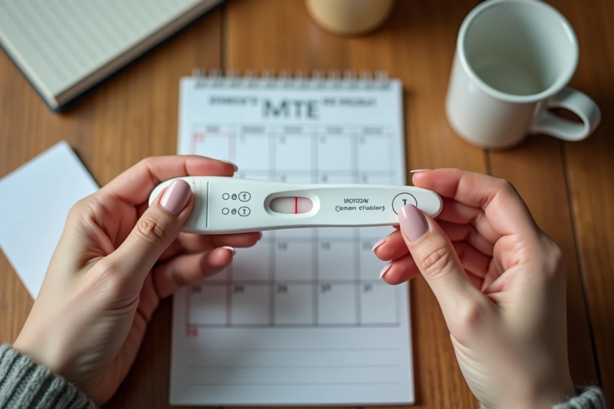 Mains tenant un test négatif et un calendrier avec dates entourées