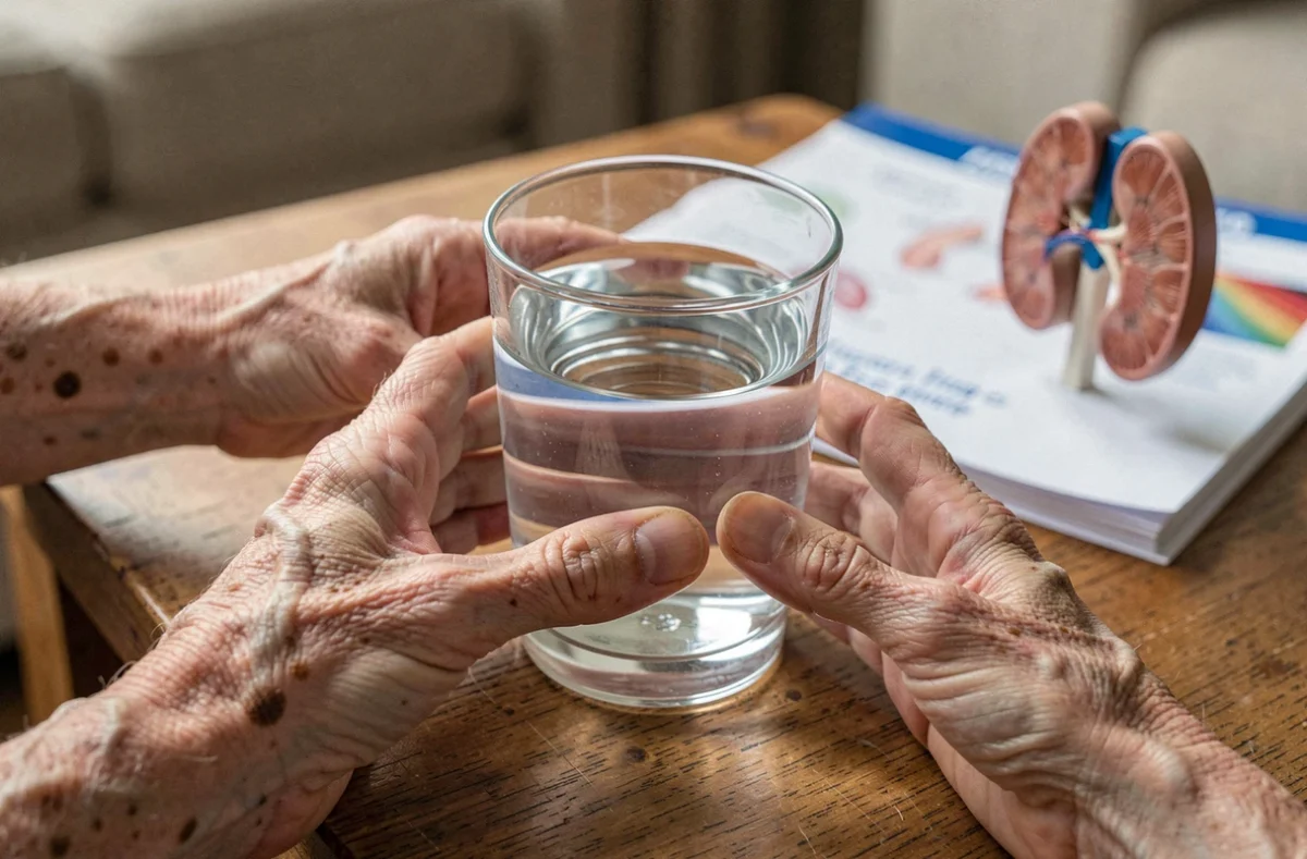 Mains de personne âgée tenant un verre d'eau claire, hydratation et santé rénale pour seniors
