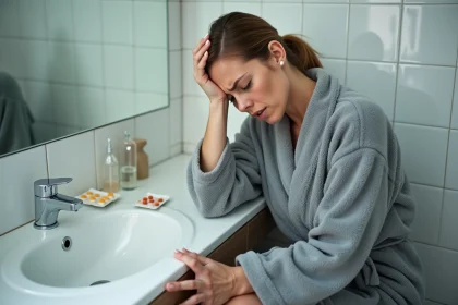 Femme ressentant un malaise vagal après avoir pris du paracétamol, assise au bord du lavabo de salle de bain, main sur le front, expression de vertige