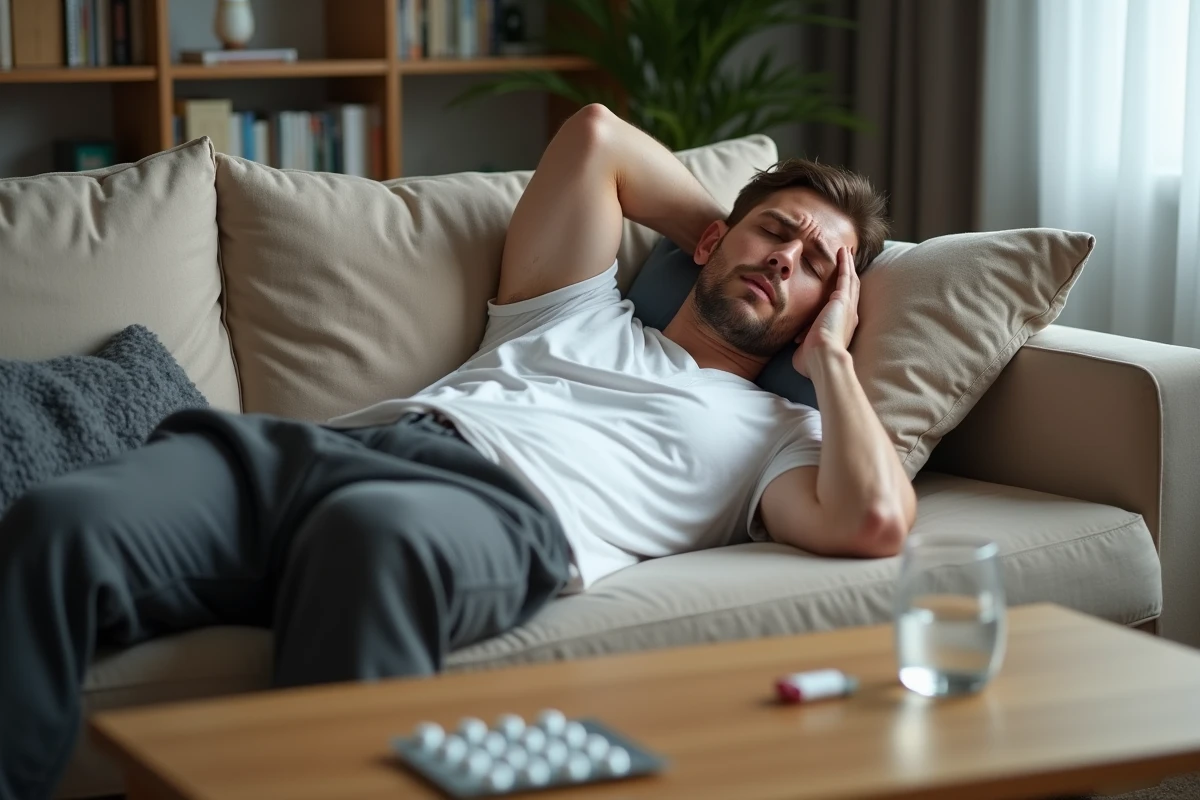 Homme allongé sur un canapé après un malaise vagal suite à la prise de paracétamol, verre d'eau et comprimés posés sur la table basse