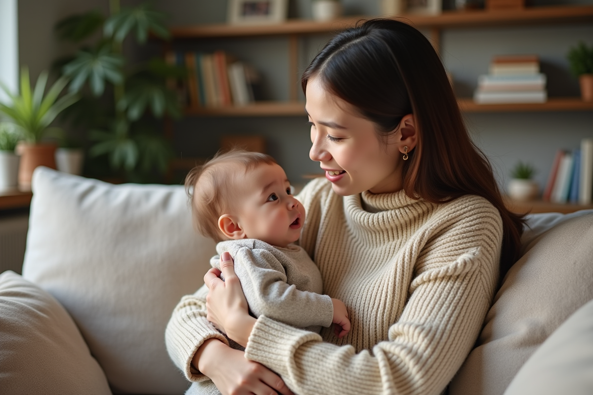 Maman souriante avec sa fille dans un salon cosy