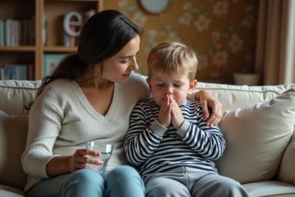 Maman consolant son enfant qui tousse sur le canapé
