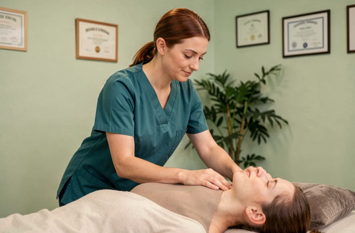 Maureen Assie, ostéopathe dans les Deux-Sèvres, appliquant une technique crânio-sacrée sur une patiente