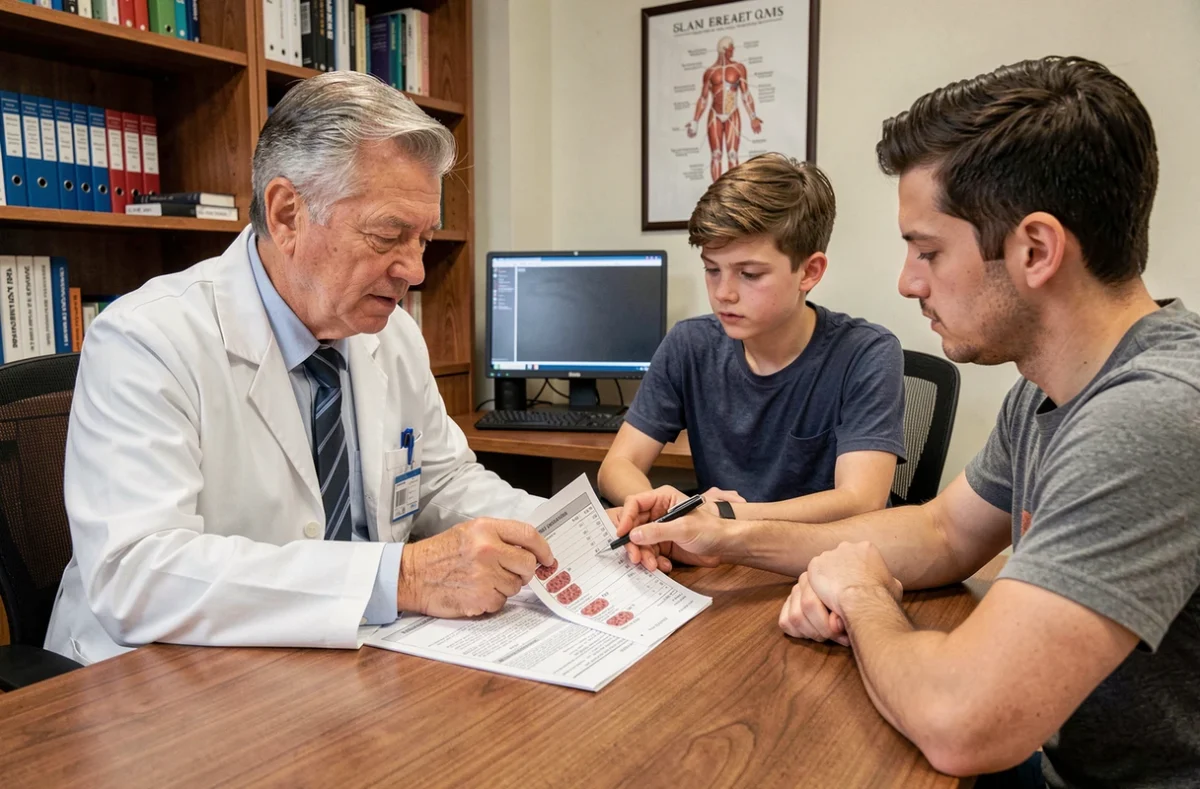 Médecin gastro-entérologue expliquant des résultats d'analyses sanguines avec transaminases élevées à un adolescent et son père