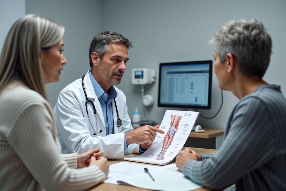 Médecin généraliste expliquant à une patiente le diagnostic et la prise en charge du tendon de la patte d'oie lors d'une consultation