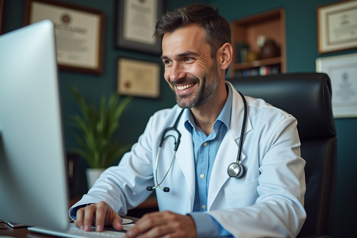 Medecin en consultation en ligne dans son bureau professionnel