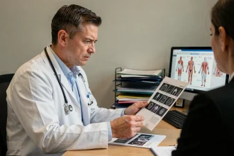 Médecin examinant des résultats d'imagerie médicale lors d'une consultation pour ganglions lymphatiques de l'aine