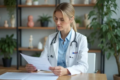 Médecin gastro-entérologue examinant des recommandations sur les probiotiques pour le syndrome de l'intestin irritable dans un cabinet médical moderne