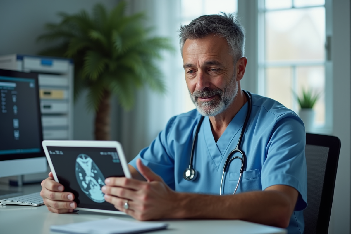 Medecin en scrubs regardant un scan ultrasound sur tablette