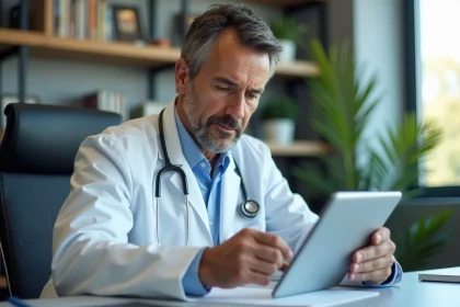 Medecin en blanc et resultats sur tablette