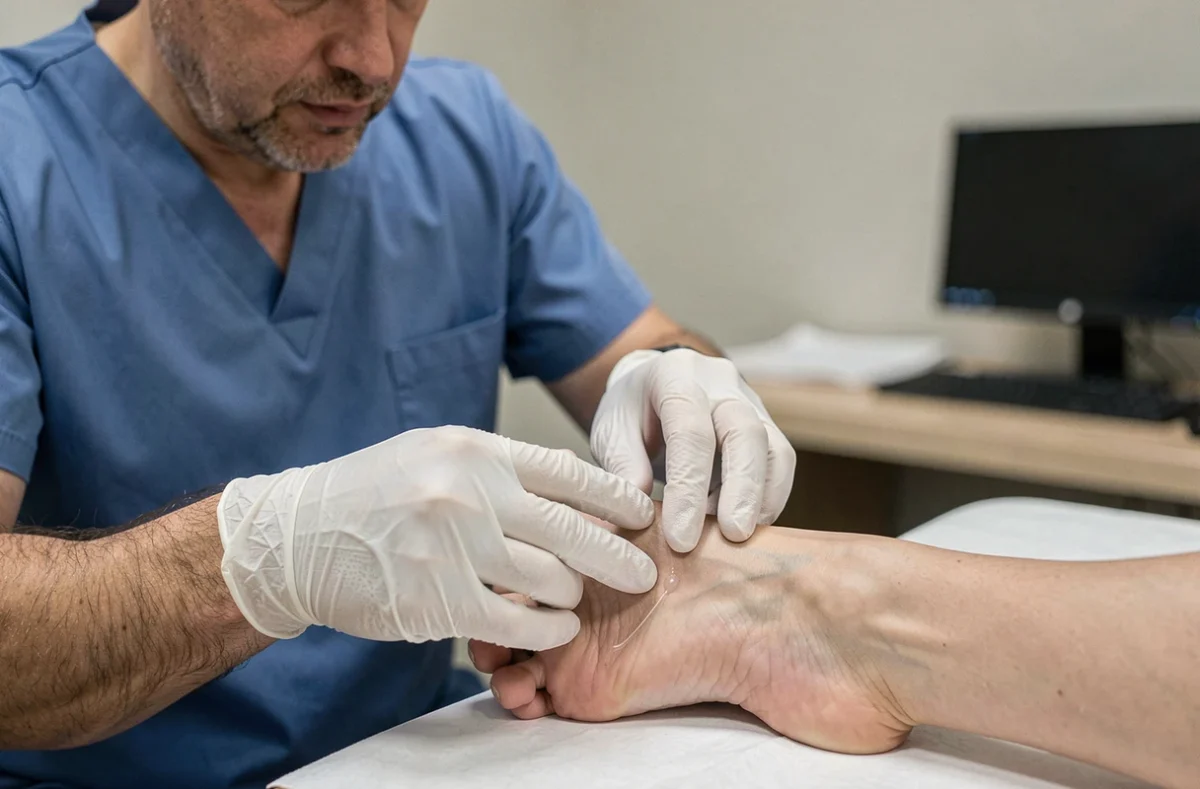 Médecin orthopédiste en blouse bleue qui examine le dessus du pied d'un patient en cabinet médical, pour diagnostiquer une fasciite plantaire, une tendinite ou une arthrose tarsienne