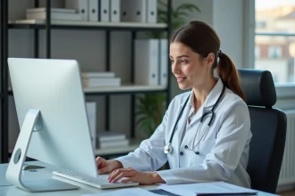 Medecin femme en bureau avec ordinateur et registre medical