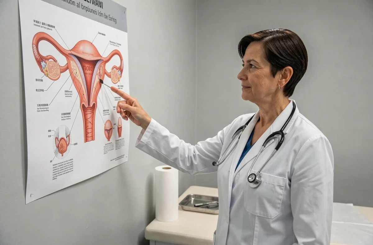 Gynécologue expliquant l'anatomie utérine et les polypes sur un schéma médical en cabinet