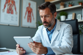 Medecin francais examine resultats CRP sur tablette