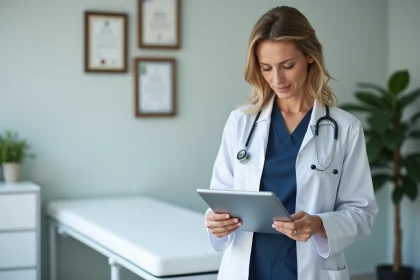 Médecin consultant un dossier patient numérique sur tablette dans une clinique moderne lors de la transformation numérique en santé